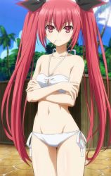 1girl bikini bra breasts closed_mouth crossed_arms date_a_live itsuka_kotori long_hair looking_afar mouth_hold navel panties red_eyes red_hair ribbon sky small_breasts solo standing swimsuit thighs tree twintails underwear rating:Sensitive score:71 user:Randomguy710