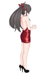  1girl absurdres back backless_dress backless_outfit bare_back bare_legs black_footwear bow dress female_focus fingernails from_behind from_side full_body hair_bow halter_dress halterneck high_heels highres idolmaster idolmaster_cinderella_girls legs_together long_hair matoba_risa mrhunking own_fingers_together pumps red_bow red_dress short_dress simple_background solo standing white_background 