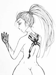  1girl ass blood breasts from_behind high_ponytail highres huge_ass long_hair looking_at_hand lxvecrxft monochrome nude overwatch overwatch_1 solo tattoo widowmaker_(overwatch)  rating:Questionable score:2 user:spidera1