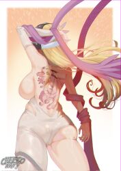  1girl angel_wings angewomon arm_behind_back arm_up artist_name ass ass_focus back_tattoo blonde_hair breasts cheeso_art cowboy_shot digimon digimon_(creature) elbow_gloves from_behind gloves helmet highres holydramon large_breasts leotard long_hair mole mole_on_ass multiple_wings solo standing tattoo thighs watermark white_leotard winged_helmet wings wrist_wings  rating:Questionable score:3 user:danbooru