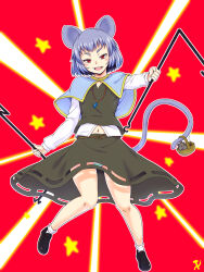 1girl animal_ears basket black_footwear capelet commentary communism full_body grey_capelet grey_hair grey_skirt highres jewelry kakone long_sleeves looking_at_viewer mouse_(animal) mouse_ears mouse_girl mouse_tail navel nazrin open_mouth panties pantyshot pendant red_background red_eyes short_hair skirt socks star_(symbol) striped_clothes striped_panties tail teeth touhou underwear upper_teeth_only white_socks