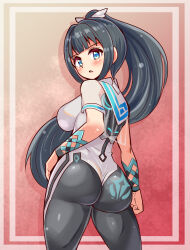  1girl alternate_color amano_nene_(vtuber) ass ass_focus bare_shoulders black_bodysuit black_hair blue_eyes blush bodysuit breasts commission cosplay costume_request cougar_(cougar1404) eve_(stellar_blade) eve_(stellar_blade)_(cosplay) from_behind gradient_background hair_ornament high_ponytail huge_ass large_breasts long_hair looking_at_viewer looking_back open_mouth planet_diving_suit_(6th)_(stellar_blade) ponytail production_kawaii red_background sideboob skeb_commission solo stellar_blade very_long_hair virtual_youtuber white_bodysuit 