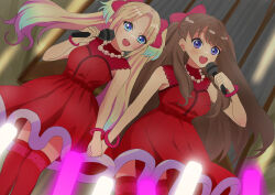  2girls :d absurdres armpit_crease bead_necklace beads blonde_hair blue_eyes blue_hair bow bracelet breasts brown_hair commentary do!_do!_do!_(love_live!) dress fang feet_out_of_frame fujishima_megumi fur-trimmed_dress fur_trim glowstick gradient_hair hair_bow hand_up highres holding_glowstick holding_hands jewelry lace lace-trimmed_dress lace_trim light_blue_hair link!_like!_love_live! long_hair looking_at_viewer love_live! medium_breasts mira-cra_park! multicolored_hair multiple_girls music necklace open_mouth osawa_rurino over-kneehighs parted_bangs penlight_(glowstick) purple_eyes red_bow red_bracelet red_dress red_thighhighs singing skin_fang sleeveless sleeveless_dress smile teeth thighhighs torr_(torr_highfree) twintails two_side_up upper_teeth_only virtual_youtuber white_trim 