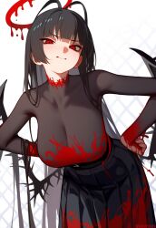  ahoge black_hair blue_archive blunt_bangs breasts choker cleavage collarbone halo hand_on_own_hip kguy1920 large_breasts long_hair pale_skin red_eyes see-through see-through_shirt skirt tight_clothes tsurugi_(blue_archive) 