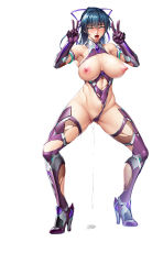 1girl ahegao black_hair blush bodysuit breasts cameltoe covered_erect_nipples covered_navel curvy green_eyes high_ponytail highleg highleg_leotard highres igawa_asagi kagami_hirotaka large_breasts legs_apart leotard lilith-soft long_hair long_legs looking_at_viewer naughty_face nipples official_art open_mouth partially_visible_vulva ponytail puffy_nipples purple_bodysuit pussy_juice shiny_clothes shiny_skin simple_background skin_tight solo standing sweat taimanin_(series) taimanin_asagi taimanin_rpgx thong_leotard torn_clothes v wardrobe_malfunction white_background rating:Explicit score:143 user:deltaonix