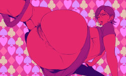 1girl anus ass ass_focus breasts censored clothes_lift club_(shape) commentary_request diamond_(shape) female_pubic_hair hair_between_eyes heart highres huge_breasts limited_palette lipstick looking_at_viewer makeup mature_female mosaic_censoring open_mouth original orushibu panties panties_around_feet panty_pull pink_theme pubic_hair pussy reclining shirt_lift shirt_rolled_up short_hair short_sleeves sideboob skirt skirt_lift solo spade_(shape) underwear rating:Explicit score:77 user:danbooru