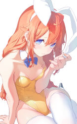  1girl animal_ears arm_support bare_arms blue_bow blue_bowtie blue_eyes bow bowtie breasts character_request cleavage closed_mouth collarbone detached_collar fake_animal_ears hair_between_eyes hairband leotard long_hair nail_polish nilitsu orange_hair orange_nails rabbit_ears simple_background sitting small_breasts snack_nili solo strapless strapless_leotard thigh_gap thighhighs very_long_hair virtual_youtuber white_background white_hairband white_thighhighs wing_collar yellow_leotard 