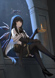  1girl arknights ascot black_ascot black_footwear black_gloves black_hair black_skirt black_thighhighs blunt_bangs bright_pupils candle commentary fire foot_out_of_frame gloves grey_eyes halo high_heels highres holding long_hair looking_at_viewer miniskirt night night_sky pouch shirt sitting skirt sky smile solo supershrimpcakes thighhighs very_long_hair virtuosa_(arknights) white_pupils white_shirt  rating:General score:3 user:danbooru