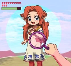  1girl blue_eyes blue_sky blush cloud cloudy_sky day dress embarrassed eyebrows eyelashes gameplay_mechanics heart lens_of_truth loli long_hair looking_at_viewer malon navel nintendo open_mouth outdoors pointy_ears pov short_sleeves sidelocks sky solo_focus standing stomach sweatdrop takamame the_legend_of_zelda the_legend_of_zelda:_ocarina_of_time white_dress x-ray_vision 