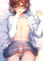  1boy bar_censor blush brown_hair censored erection grey_skirt hand_on_own_face highres looking_at_viewer looking_away lying male_focus nipples no_panties on_back open_clothes open_shirt original penis precum reu shirt short_hair skirt solo stomach sweat testicles trap white_shirt 