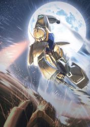  clenched_hands facial_hair glowing glowing_eyes gundam holding holding_weapon jumping mecha moon mustache no_humans realistic robot solo sparks totthii0081 turn_a_gundam turn_a_gundam_(mobile_suit) weapon yellow_eyes  rating:General score:2 user:danbooru