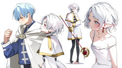  1boy 1girl absurdres alternate_hair_length alternate_hairstyle black_pantyhose blue_eyes blue_shirt blush camisole capelet clenched_hand cloak collarbone commentary drop_earrings earrings elf flat_chest frieren grey_hair highres himmel_(sousou_no_frieren) holding holding_staff jewelry looking_at_another multiple_views pantyhose parted_bangs pointy_ears shirt short_hair skirt sousou_no_frieren staff strap_slip striped_clothes striped_shirt sydus white_camisole white_capelet white_cloak white_skirt  rating:Questionable score:17 user:danbooru