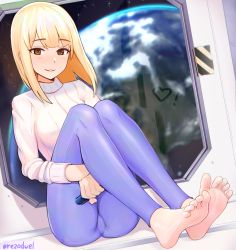  1girl bad_id bad_twitter_id barefoot blonde_hair blue_background blush brown_eyes derivative_work earth_(planet) feet highres leggings legs looking_at_viewer medium_hair original parted_lips planet rezodwel self-upload sitting soles solo space spacecraft thighs toes  rating:Sensitive score:230 user:abdulajfo_eotwpt