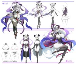  2girls :d absurdres arm_under_breasts ass barefoot breasts character_sheet collar colored_skin cuffs demon_girl demon_horns from_behind full_body half-closed_eyes halo highres horns large_breasts long_hair looking_at_viewer medium_breasts mesugaki multiple_girls nipples open_mouth original osisio shackles smile teeth thighhighs upper_teeth_only very_long_hair white_background white_hair white_skin yellow_eyes 