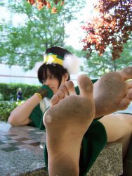  1girl ankle_cuffs anklet avatar:_the_last_airbender avatar_legends barefoot blind cosplay cosplay_photo day dirty dirty_feet feet foot_focus jewelry miss_shelby nickelodeon non-web_source photo_(medium) soles solo toes toph_bei_fong  rating:Sensitive score:117 user:danbooru