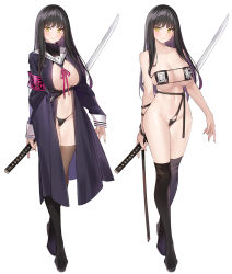 1girl arm_strap armband bare_shoulders bikini black_bikini black_footwear black_hair black_panties boots breasts cleavage coat commentary eyepatch_bikini full_body katana large_breasts long_hair multiple_views navel no_panties original overcoat panties popqn sailor_collar swimsuit sword thigh_boots thighhighs thong underbust underwear weapon white_background yellow_eyes rating:Questionable score:68 user:danbooru