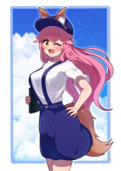  1girl ;d absurdres animal_ear_fluff animal_ears blue_hat blue_skirt blue_sky blush breasts brown_eyes cloud cloudy_sky commentary_request cowboy_shot day ears_through_headwear fang fate/extra fate_(series) flat_cap fox_ears fox_girl fox_tail hair_between_eyes hand_on_own_hip hat highres holding long_hair medium_breasts one_eye_closed open_mouth pink_hair shirt short_sleeves skirt sky smile solo standing suspender_skirt suspenders tail tamamo_(fate) tamamo_no_mae_(fate/extra) very_long_hair white_shirt yuya090602 