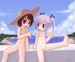 2girls artist_request blush bottomless brown_eyes brown_hair cleft_of_venus cloud collaboration feet flat_chest food hat ice_cream ikkyuu loli multiple_girls navel no_panties purple_hair pussy soles source_request sun_hat toes twintails vaginal rating:Explicit score:26 user:Tom23