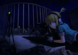 1girl ai_arctic_warfare blonde_hair bolt_action ear_protection gloves gou_(double_trigger) green_eyes gun highres iris_(material_sniper) jacket looking_at_viewer material_sniper night non-web_source pov range_finder rifle scope shadow short_hair short_ponytail sleeves_rolled_up sniper_rifle weapon rating:Sensitive score:20 user:yourgrey