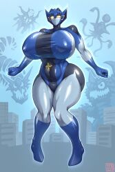  1girl blue_hair breasts character_request city covered_erect_nipples curvy female_focus full_body giant giantess gigantic_breasts levanshousa913 looking_at_viewer navel outline robot robot_girl shiny_skin smile solo standing sweat thick_thighs thighs ultra_series ultraman_(1st_series) white_outline wide_hips 