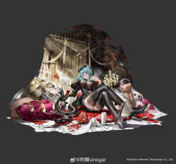  1girl absurdres ahoge antonina_(neural_cloud) aqua_hair bell between_fingers black_jacket black_nails black_shirt black_skirt black_tail black_thighhighs boots breasts burning candle candlestand copyright_notice covered_navel crossed_legs curtains cushion demon_girl demon_horns fangs faux_figurine fingernails fire food fruit full_body girls&#039;_frontline_neural_cloud grey_background high_heels highres holding holding_candle_stand holding_paper holding_with_tail horns impossible_clothes impossible_shirt jacket juliet_sleeves knees_up large_breasts long_fingernails long_hair long_sleeves medium_breasts miniskirt official_alternate_costume official_art on_ground paper parted_lips pencil_skirt playing_with_own_hair pomegranate prehensile_tail puffy_sleeves shirt sitting skirt solo stuffed_animal stuffed_rabbit stuffed_toy tail teddy_bear thigh_boots thighhighs torn_clothes torn_thighhighs twirling_hair vinegar_kira weibo_logo weibo_watermark x_x yellow_eyes 