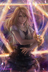  1girl black_dress blonde_hair bracelet collarbone cowboy_shot dress final_fantasy final_fantasy_xv floating_hair hair_between_eyes highres holding holding_sword holding_weapon jewelry layered_dress long_hair looking_at_viewer necklace parted_lips purple_eyes ribbon short_dress sleeveless sleeveless_dress solo standing stella_nox_fleuret stephanie_sybydlo sword twitter_username weapon white_ribbon 