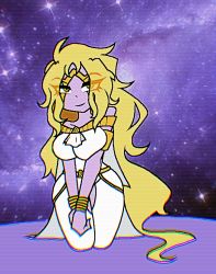  1girl armband breasts colored_skin dio_brando genderswap genderswap_(mtf) heaven_ascended_dio jojo_no_kimyou_na_bouken jojo_no_kimyou_na_bouken:_eyes_of_heaven long_hair looking_at_viewer purple_skin smug space tagme thick_thighs thighs yellow_eyes  rating:Questionable score:2 user:ohitsjustjoker