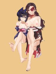  2girls areola_slip b3b barefoot black_hair blue_eyes breasts breasts_out crossed_legs feet female_focus finger_to_mouth fox_mask full_body genshin_impact hanyuuda_chizuru highres japanese_clothes large_breasts loli long_hair looking_at_viewer mask medium_hair multiple_girls npc_(genshin_impact) parted_lips red_eyes simple_background sitting small_breasts soles toes youko_(genshin_impact)  rating:Explicit score:58 user:gyberus