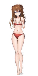  1girl :&lt; artist_request barefoot bikini blue_eyes breasts brown_hair covering_breasts covering_privates curvy embarrassed full_body hands_on_own_chest looking_at_viewer neon_genesis_evangelion red_bikini side-tie_bikini_bottom solo souryuu_asuka_langley swimsuit tsundere twintails 