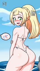  !? 1girl absurdres artist_name ass ass_focus back back-tie_bikini beach bikini blonde_hair blue_hair blush creatures_(company) day dot_nose eyebrows eyelashes from_behind game_freak grabbing_own_arm green_eyes hand_on_own_arm highres huge_ass legs lillie_(pokemon) long_hair looking_at_viewer looking_back micro_bikini n00b0d1 nail_polish nervous_smile nintendo ocean official_alternate_hairstyle open_mouth petite pokemon pokemon_sm ponytail presenting ribs side-tie_bikini_bottom smile solo standing swimsuit thick_thighs thighs thong thong_bikini tongue water white_bikini wide_hips  rating:Questionable score:43 user:spk