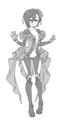  1girl \||/ android breasts closed_mouth commentary_request dress fewer_digits flower frilled_dress frills full_body greyscale hair_between_eyes hair_flower hair_ornament half-closed_eyes hands_up highres hololive joints looking_at_viewer magari_(c0rn3r) mechanical_parts medium_breasts monochrome navel no_bra off-shoulder_dress off_shoulder plunging_neckline revealing_clothes roboco-san robot_joints short_hair simple_background smile solo standing virtual_youtuber w_arms 