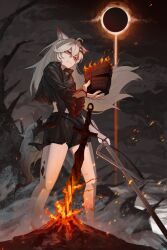  1girl absurdres ahoge animal_ears arknights black_jacket black_shorts black_sky black_sun chinese_commentary closed_mouth collared_jacket commentary_request crop_top cropped_jacket crossover dark_souls_(series) embers fantasy feet_out_of_frame fingernails fire grey_eyes grey_hair grey_tail hair_between_eyes hair_ornament hairclip hand_up helm helmet high_collar highres holding holding_sword holding_weapon jacket lappland_(arknights) long_hair long_sleeves looking_at_object looking_down material_growth oripathy_lesion_(arknights) outdoors planted planted_sword planted_weapon shorts sky solo standing sun sword tail taoxisama torn_clothes torn_jacket torn_sleeves weapon wind wolf_ears wolf_girl wolf_tail 