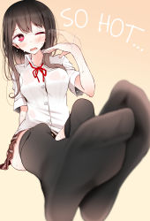  1girl afterimage black_hair black_thighhighs blurry blush brown_skirt buttons collared_shirt depth_of_field dress_shirt fanning_face fanning_self feet foot_focus foreshortening gradient_hair hard-translated highres hot long_hair looking_at_viewer multicolored_hair no_shoes one_eye_closed oouso open_mouth original plaid plaid_skirt pleated_skirt red_eyes red_ribbon ribbon school_uniform shirt short_sleeves simple_background sitting skirt soles solo sweat thighhighs third-party_edit translated white_shirt wing_collar yellow_background zettai_ryouiki  rating:Sensitive score:28 user:StolenTranslations