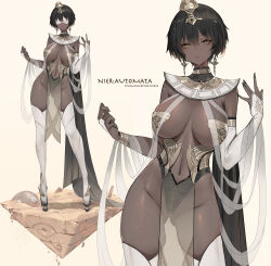 1girl absurdres alternate_costume alternate_skin_color artist_name black_hair blush breasts bridal_gauntlets cleavage closed_mouth copyright_name covered_eyes cowboy_shot dark-skinned_female dark_skin dishwasher1910 egyptian egyptian_clothes full_body gluteal_fold hair_ornament hands_up highleg highres large_breasts looking_at_viewer multiple_views navel nier:automata nier_(series) see-through short_hair simple_background standing thighhighs thighs white_thighhighs yellow_background yellow_eyes 2p_(nier:automata) rating:Questionable score:196 user:danbooru