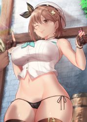 1boy 1girl aster_crowley atelier_(series) atelier_ryza atelier_ryza_2 bare_shoulders barrel belt blue_sky blush braid breasts brown_belt brown_eyes brown_gloves brown_hair building cameltoe cleft_of_venus closed_mouth cloud commentary covered_erect_nipples cowboy_shot crop_top day earrings english_text from_below glint gloves groin hair_between_eyes hair_ornament hairclip hat highres holding index_finger_raised jewelry large_breasts leather leather_belt leather_gloves lowleg lowleg_panties midriff money nail_polish navel necklace one_eye_closed outdoors panties partially_fingerless_gloves prostitution reisalin_stout shirt short_hair sidelocks skindentation sky sleeveless sleeveless_shirt smile standing star_(symbol) star_earrings string_panties thick_thighs thighhighs thighs underwear vial w_arms white_headwear white_shirt rating:Questionable score:114 user:danbooru
