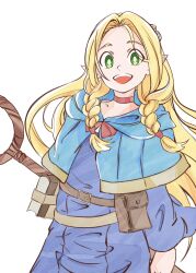  1girl blonde_hair blue_capelet blue_robe braid capelet choker dungeon_meshi elf green_eyes highres holding holding_staff hood hood_down hooded_capelet kengo_kumaxile long_hair looking_at_viewer marcille_donato open_mouth parted_bangs pointy_ears red_choker robe sidelocks smile solo staff twin_braids upper_body weapon_behind_back white_background 