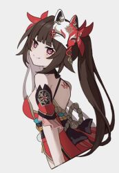  1girl armband back_tattoo bow brown_hair butterfly-shaped_pupils commentary cropped_torso hair_bow head_tilt honkai:_star_rail honkai_(series) japanese_clothes kimono long_hair looking_at_viewer looking_back mask mask_on_head merry-san mole mole_under_eye red_bow red_eyes red_kimono simple_background smile smug solo sparkle_(honkai:_star_rail) symbol-shaped_pupils tattoo twintails white_background 