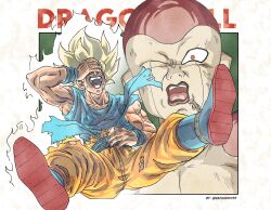  1boy arm_up armpits aura bare_arms blonde_hair boots border collarbone commentary copyright_name covering_own_eyes dragon_ball dragonball_z english_commentary floating frieza hand_on_own_face highres injury laughing long_hair male_focus muscular muscular_male nachairo one_eye_closed one_piece open_mouth outside_border pants parody scene_reference shirt sleeveless sleeveless_shirt smile son_goku super_saiyan torn_clothes torn_pants twitter_username white_border wristband  rating:General score:13 user:danbooru