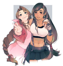  2girls abs aerith_gainsborough bolo_tie braid braided_ponytail breasts britishmuffin brown_eyes cleavage cropped_jacket cropped_legs dress earrings final_fantasy final_fantasy_vii final_fantasy_vii_remake fingerless_gloves gloves green_eyes jacket jewelry long_hair low-tied_long_hair materia multiple_girls pink_dress red_jacket skirt smile suspender_skirt suspenders tan tank_top tifa_lockhart toned white_tank_top 