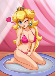  1girl barefoot bikini blonde_hair blue_eyes blush bra breasts cleavage covered_erect_nipples crown curvy earrings feet head_tilt heart highres hip_focus jewelry kneeling large_breasts licking licking_finger lips lipstick long_hair looking_at_viewer makeup mario_(series) navel nintendo one_eye_closed plate princess_peach red_bikini sexually_suggestive shiny_skin sigurd_hosenfeld smile solo strap_gap super_mario_bros._1 sweatdrop swimsuit thighs toes tongue underwear wink  rating:Sensitive score:140 user:deliciouscakeman