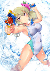 &gt;:) 10s 1girl aiming aiming_at_viewer arm_up armpits blonde_hair breasts closed_mouth commentary_request competition_swimsuit covered_erect_nipples crown dolphin dual_wielding feet_out_of_frame hassen_(8cm) holding holding_water_gun kafuru_(senran_kagura) long_hair looking_at_viewer low_twintails medium_breasts one-piece_swimsuit purple_eyes senran_kagura senran_kagura_estival_versus smile solo swimsuit twintails v-shaped_eyebrows water water_gun whistle white_background white_one-piece_swimsuit rating:Sensitive score:30 user:danbooru