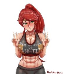  1girl abs absurdres aestheticc-meme bare_shoulders blush breasts cleavage clothes_writing crop_top double_v embarrassed english_text fuck-me_shirt green_eyes highres large_breasts looking_away meme_attire midriff muscular muscular_female navel nervous nervous_smile ponytail presenting pyrrha_nikos rwby shorts smile solo stomach toned v wavy_mouth  rating:Questionable score:116 user:Perv-Ultra