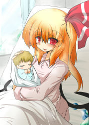  1girl aged_down aged_up alternate_costume baby bed blonde_hair blush child contemporary crystal curtains female_focus flan-maman_(goma) flandre_scarlet goma_(gomasamune) hair_ribbon highres long_sleeves mikoto_freesia_scarlet_(goma) mother_and_child open_mouth original red_eyes ribbon short_hair side_ponytail touhou window wings  rating:General score:19 user:danbooru