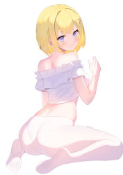  1girl absurdres ass bare_shoulders blonde_hair blue_eyes blush bob_cut closed_mouth commentary from_behind hair_ornament highres hololive hololive_english looking_at_viewer looking_back no_pants off-shoulder_shirt off_shoulder panties panties_under_pantyhose pantyhose pokyo shirt short_hair short_sleeves simple_background sitting smile twitter_username underwear virtual_youtuber wariza watson_amelia white_background white_panties white_pantyhose white_shirt 