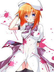 1girl 3105lave beret billhook black_thighhighs blood blood_on_clothes blood_on_face blue_eyes blush bow bowtie breasts commentary_request cowboy_shot dress hair_between_eyes hand_on_headwear hat highres higurashi_no_naku_koro_ni holding looking_at_viewer medium_breasts open_mouth orange_hair puffy_short_sleeves puffy_sleeves purple_bow ribbon ryuuguu_rena short_hair short_sleeves simple_background solo thigh_gap thighhighs waist_bow weapon weapon_behind_back white_background white_dress white_hat zettai_ryouiki