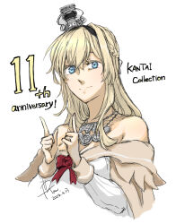  1girl bare_shoulders blonde_hair blue_eyes breasts cleavage closed_mouth crown dated dress hair_between_eyes highres index_finger_raised jewelry kantai_collection long_hair looking_at_viewer mini_crown necklace off-shoulder_dress off_shoulder ring signature simple_background solo upper_body warspite_(kancolle) wedding_ring white_background yamada_rei_(rou) 