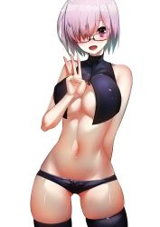 1girl :d alternate_costume arm_behind_back bare_shoulders black-framed_eyewear black_shorts black_thighhighs breasts cleavage commentary_request covered_erect_nipples cropped_vest fate/grand_order fate_(series) glasses hair_over_one_eye highres large_breasts looking_at_viewer mash_kyrielight navel open_mouth pink_hair rahato short_hair short_shorts shorts smile solo thighhighs underboob vest rating:Questionable score:24 user:danbooru