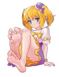 1girl barefoot blonde_hair feet green_eyes is_this_one_by_one? long_hair looking_at_viewer lowres soles sweat toes twintails