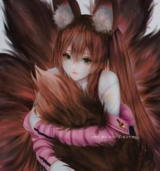  1girl animal_ear_fluff animal_ears aoi_ogata artist_name black_skirt brown_hair clip_studio_paint_(medium) commentary commission english_commentary fox_ears fox_girl fox_tail green_hair grey_background hair_between_eyes highres hugging_own_tail hugging_tail jacket kitsune long_hair long_sleeves multiple_tails off_shoulder open_clothes open_jacket original pink_jacket semi-realistic shirt simple_background skirt solo tail very_long_hair white_shirt 
