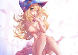 1girl absurdres blonde_hair blue_hat blue_nails blush breasts cleavage cleft_of_venus closed_mouth collar dark_magician_girl duel_monster facial_mark facing_viewer feet_out_of_frame finger_to_mouth fingernails green_eyes hair_between_eyes hat highres knees_together_feet_apart large_breasts legs long_hair looking_at_viewer mitsu_(mitsu_art) nail_polish navel nude patreon_username pussy sitting smile solo stomach swimsuit uncensored wizard_hat yu-gi-oh! yu-gi-oh!_duel_monsters  rating:Explicit score:85 user:surveyork